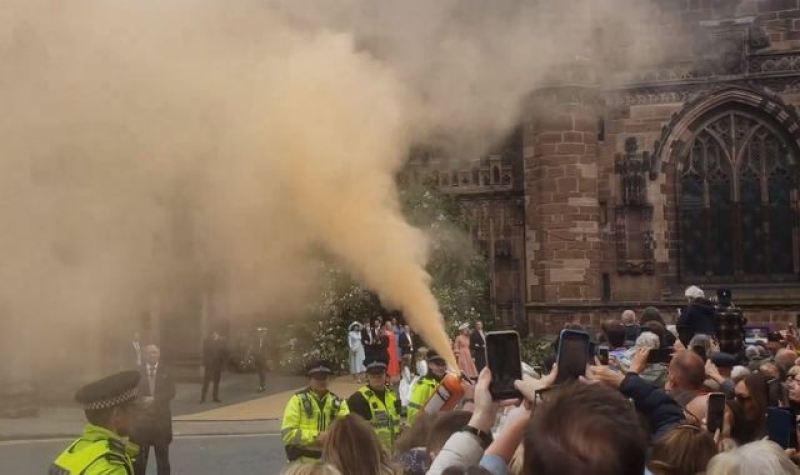 Duke of Westminster wedding: Protester sets off fire extinguisher outside Chester Cathedral